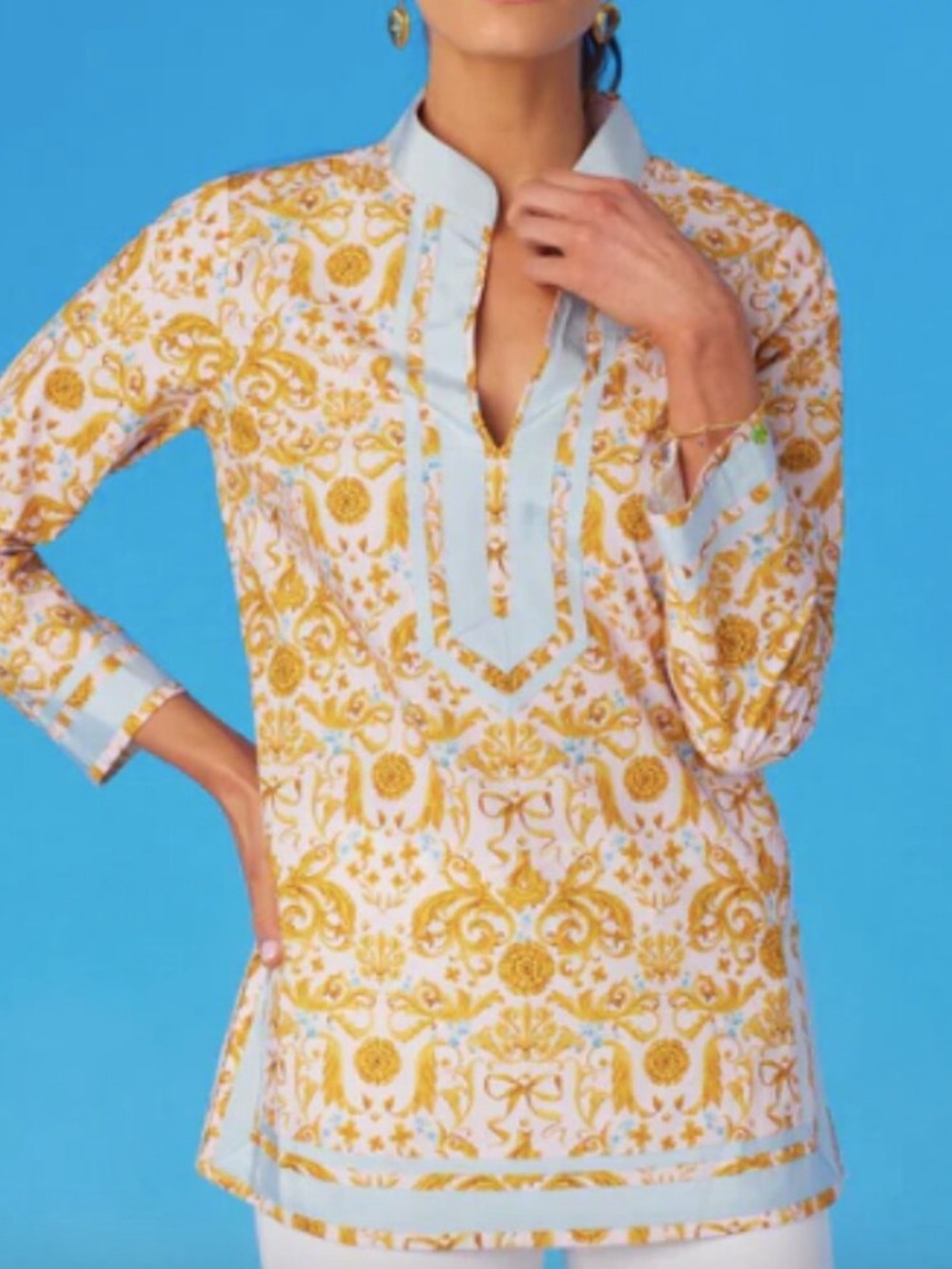 Nicoblu Tunic Blouse Capri in French Regency Ribbon Gold Blue